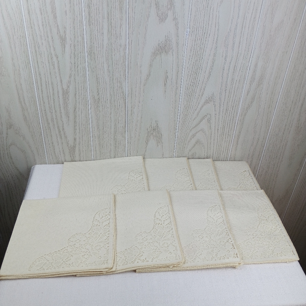 VTG set of 8 beige cotton blend knit lace corner cloth napkins 17 inch x 17 inch